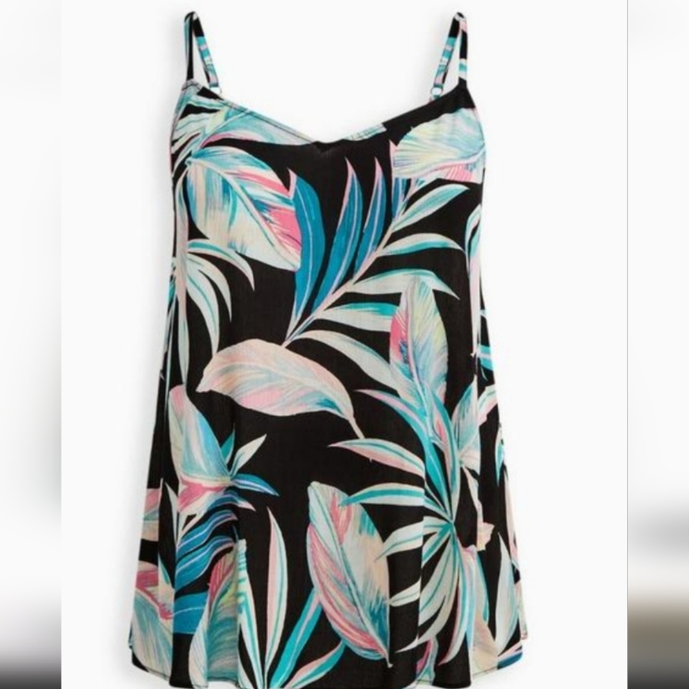 Torrid Plus 0 0X Sophie Black‎ Tropical Print Tank Top Shirt Flowy Vacation